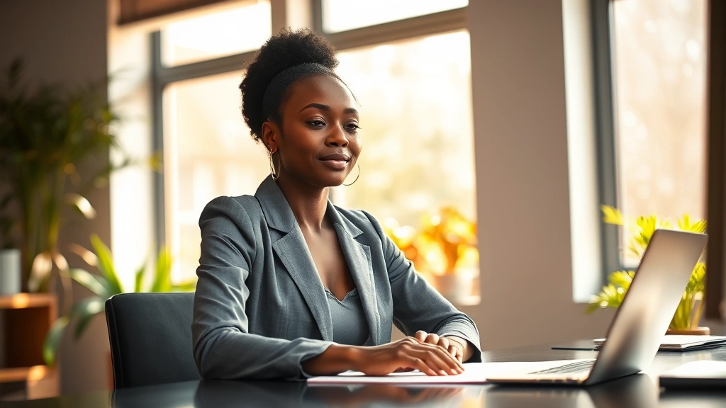 A Black woman in professional attire sitting at a desk with morning sunlight streaming through windows, looking peaceful and focused, hands gently resting on desk, plants visible in background, warm natural lighting, serene expression