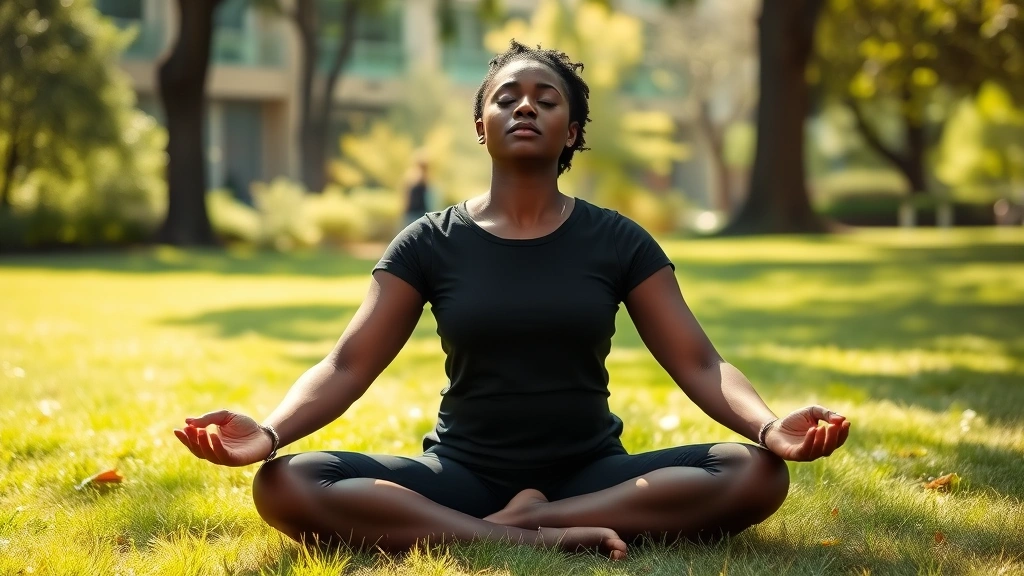 A Black woman meditating outdoors in a park setting, sitting cross-legged on grass, surrounded by greenery and natural light, peaceful posture, eyes closed gently, embodying calm and mental clarity