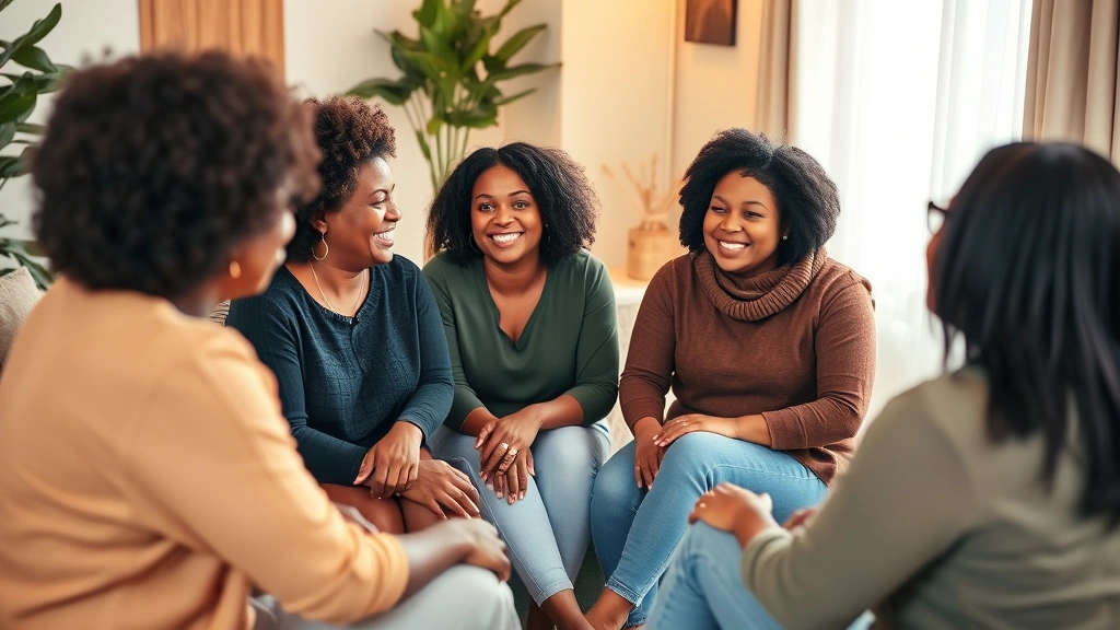 A group of Black women in a supportive community setting, sitting together in a circle having conversation, warm lighting, genuine smiles and connection, representing mental health support and belonging