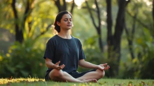 Person meditating in peaceful natural setting with soft morning light filtering through trees, eyes gently closed, calm composed expression, sitting cross-legged on grass, serene outdoor environment