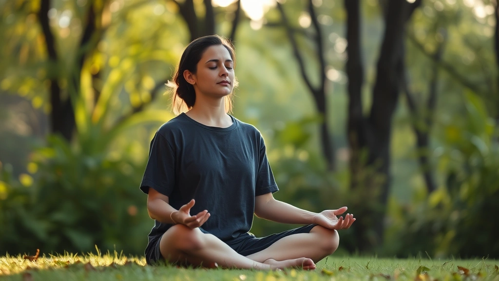 Person meditating in peaceful natural setting with soft morning light filtering through trees, eyes gently closed, calm composed expression, sitting cross-legged on grass, serene outdoor environment