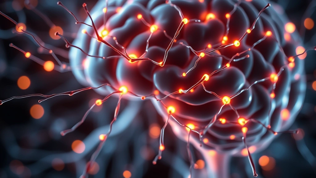 Close-up of brain neural network visualization with glowing connections and synapses activating, representing meditation's neuroplastic effects on focus and attention centers