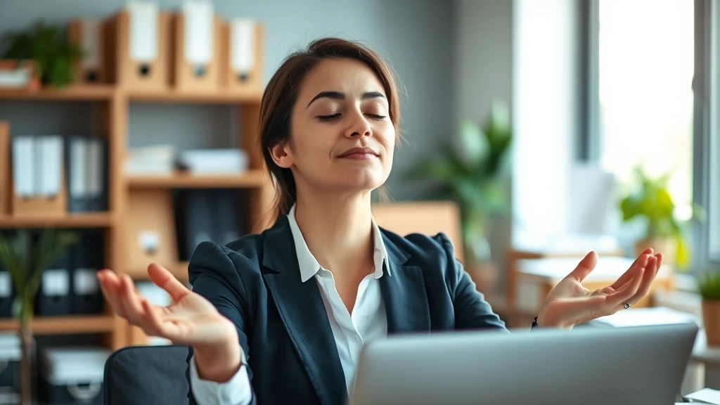 Professional woman at desk with eyes closed in brief meditation moment, hands resting peacefully, organized workspace blurred in background, afternoon natural lighting
