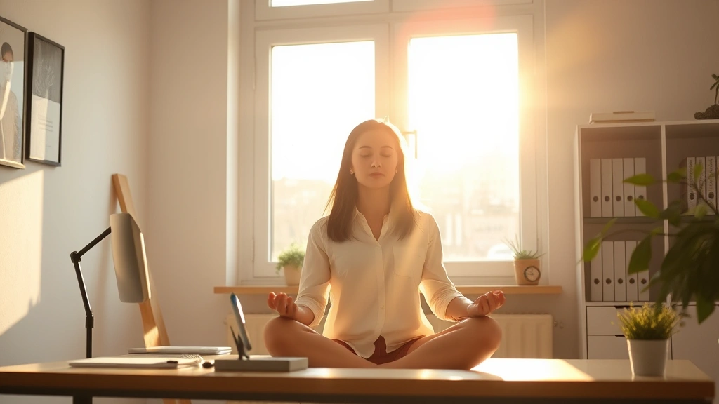 Professional woman meditating at desk with natural light streaming through window, peaceful focused expression, minimalist workspace, morning light golden hour
