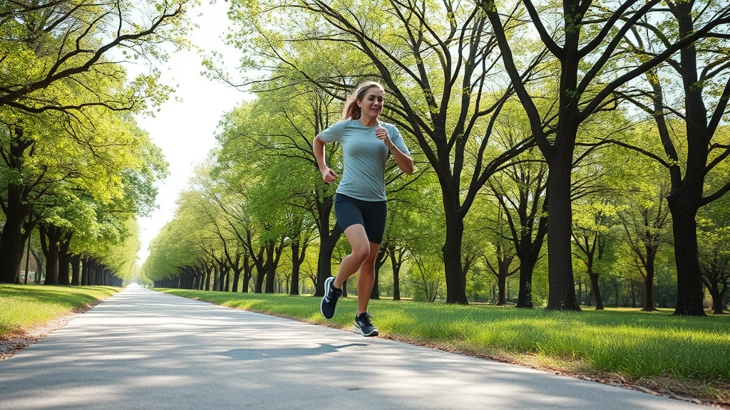 Person jogging outdoors on tree-lined path, energetic movement, fresh air environment, natural landscape, athletic motion captured mid-stride