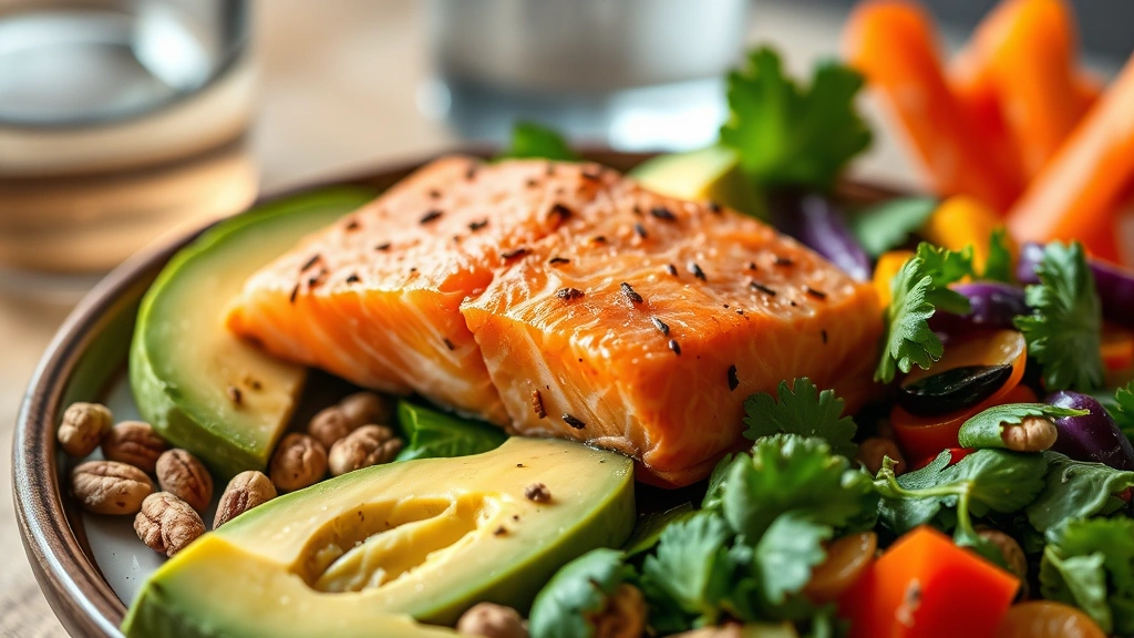 Close-up of healthy meal prep with salmon, avocado, colorful vegetables, nuts and water glass, nutrient-rich food photography, natural lighting