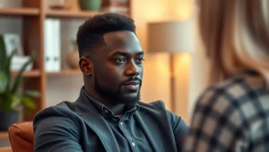African American male in professional therapeutic setting, sitting comfortably in modern office, warm lighting, peaceful expression, focused and engaged in meaningful conversation with therapist, photorealistic