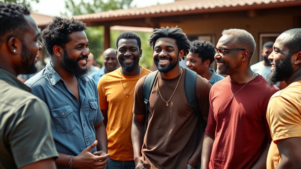 Diverse group of Black men gathered outdoors in community setting, smiling and connecting together, natural daylight, genuine conversation and brotherhood, supportive atmosphere, photorealistic