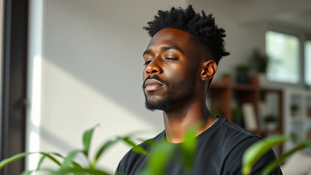 Black male in peaceful moment practicing mindfulness or meditation, natural indoor setting with plants, calm expression, embodying mental wellness and self-care, photorealistic