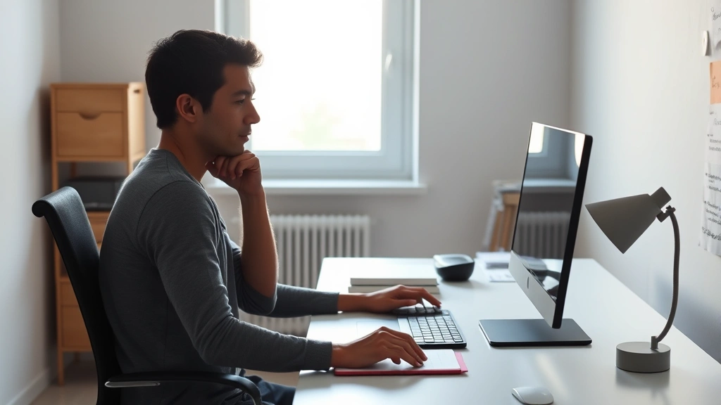 Person sitting at clean minimalist desk with natural window light, deeply focused on work, calm serene expression, no visible screens or text, soft morning lighting