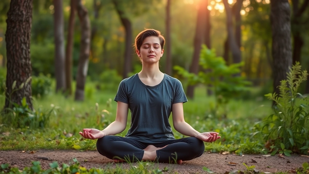 Person taking a mindful break outdoors in nature, sitting peacefully among trees and green vegetation, relaxed posture, no distractions visible, golden hour lighting