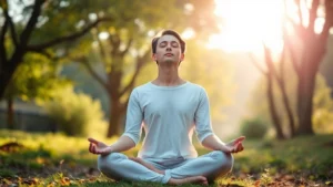 Person in peaceful meditation posture, sitting cross-legged with eyes closed in serene natural setting, soft morning light filtering through trees, calm facial expression, professional photorealistic style