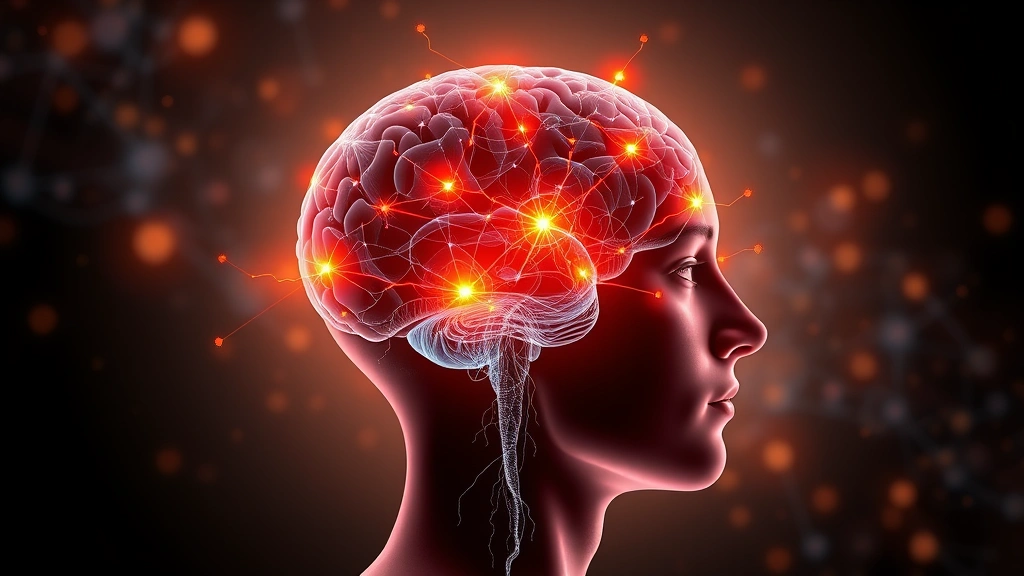 Individual's profile showing brain visualization with glowing neural networks, representing meditation's effects on concentration pathways, scientific illustration style, warm lighting