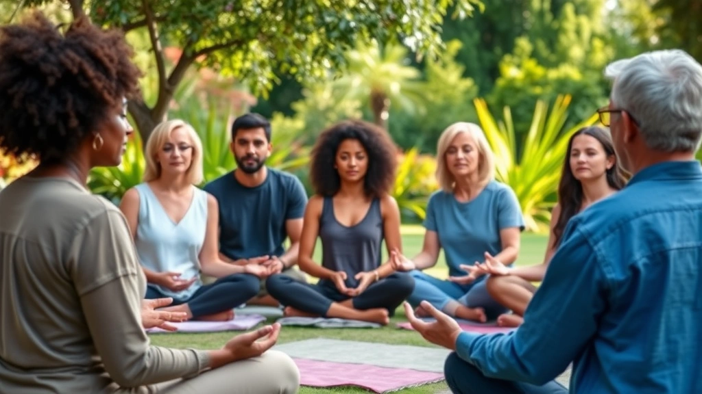 Diverse group in community meditation circle sitting together outdoors, peaceful garden setting, natural daylight, showing inclusive wellness practice, photorealistic documentary style