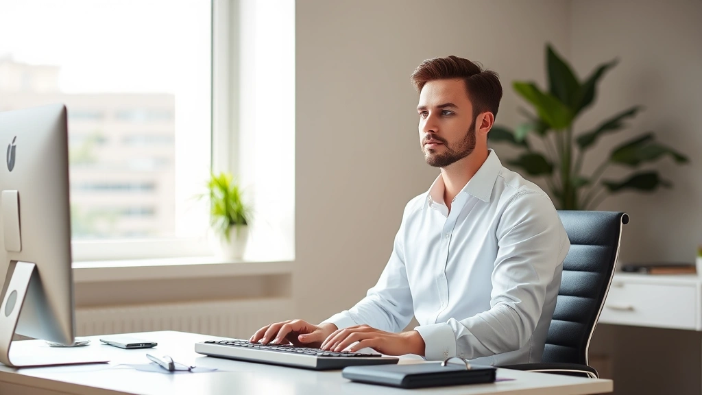 Professional in natural-lit office space, sitting upright at minimalist desk, hands on keyboard, calm concentrated expression, soft window light, plant visible, peaceful focused demeanor