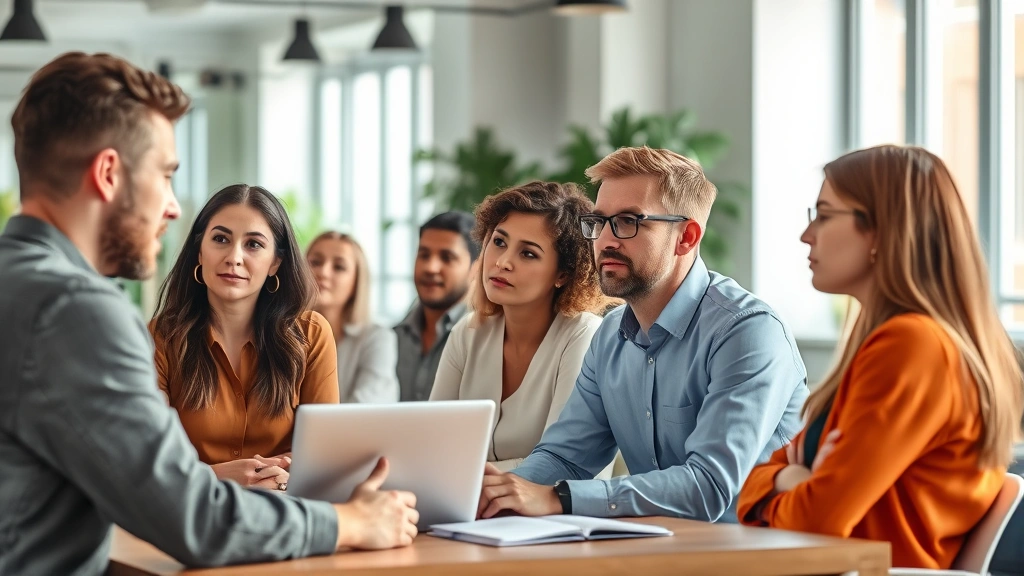 Diverse group of professionals in collaborative workspace, engaged and attentive during discussion, natural lighting, everyone appears mentally present and focused, supportive environment