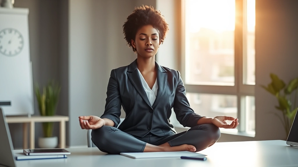 Professional black woman in business attire meditating at minimalist desk with natural sunlight streaming through window, peaceful focused expression, no clocks or screens visible, modern office background