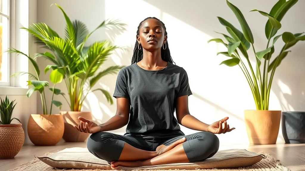 Black professional sitting in meditation pose on cushion in bright room with plants, eyes closed serene expression, casual comfortable clothing, natural light, peaceful sanctuary space