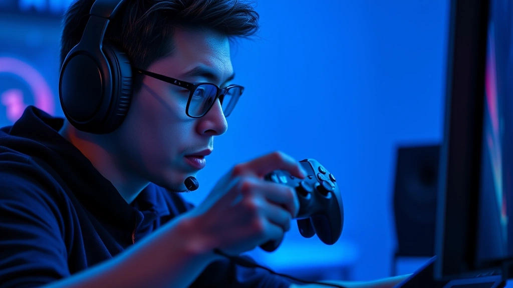 Professional gamer intensely focused on PS5 controller during dynamic action game sequence, dramatic blue lighting emphasizing concentration, high-quality gaming setup with premium headphones visible