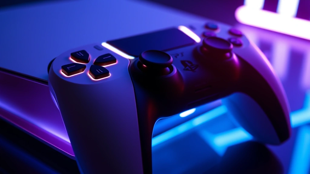 Detailed close-up of glowing PS5 console with controller, ambient blue neon lighting creating immersive atmosphere, showcasing premium gaming hardware design and technical sophistication