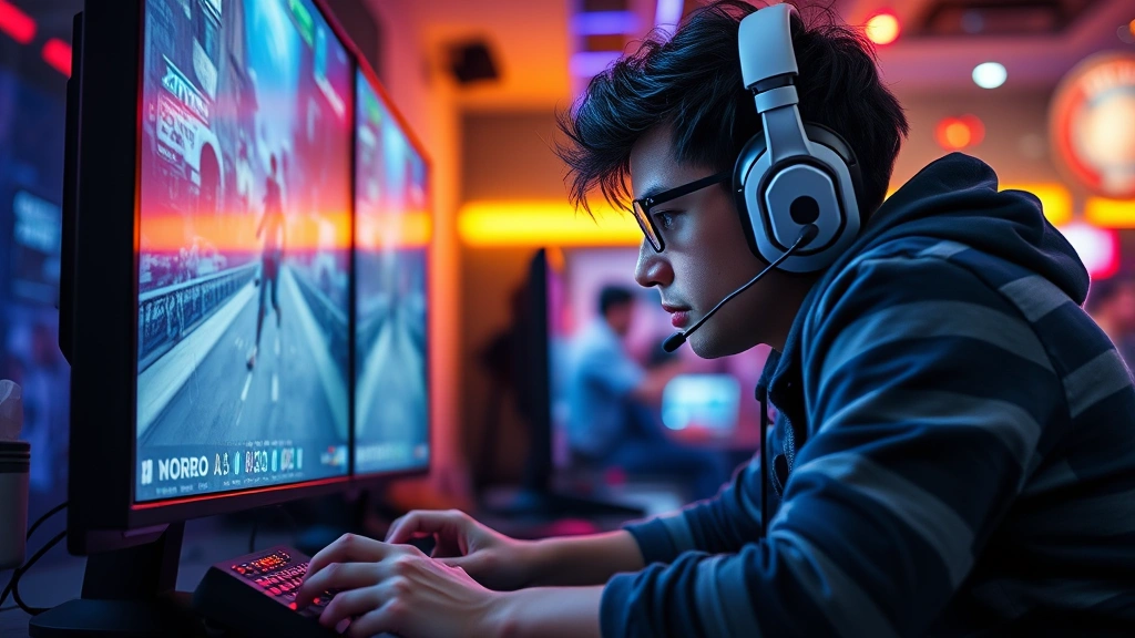 Gamer in flow state playing action game on large display, leaning forward with intense focus, vibrant environmental lighting reflecting focus and mental engagement during gameplay