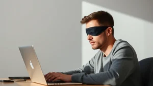 Person wearing soft black eye patch concentrating intensely on laptop screen in minimalist workspace, natural lighting, calm expression, focused posture, no text visible