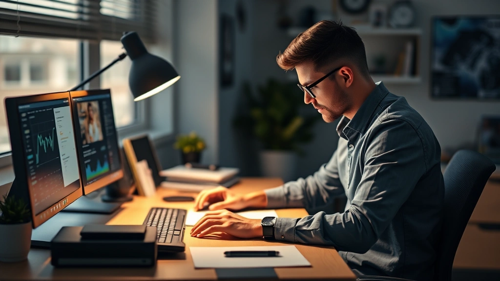 Professional workspace optimized for deep focus with person using black patch during complex analytical work, organized desk setup, peaceful environment, concentration evident