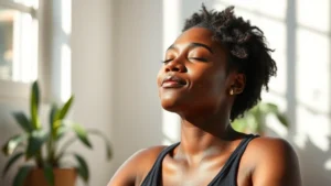 A Black woman sitting peacefully in a sunlit room, eyes closed in meditation or contemplation, with plants visible in soft focus background. Natural lighting, serene expression, representing mental clarity and inner peace.