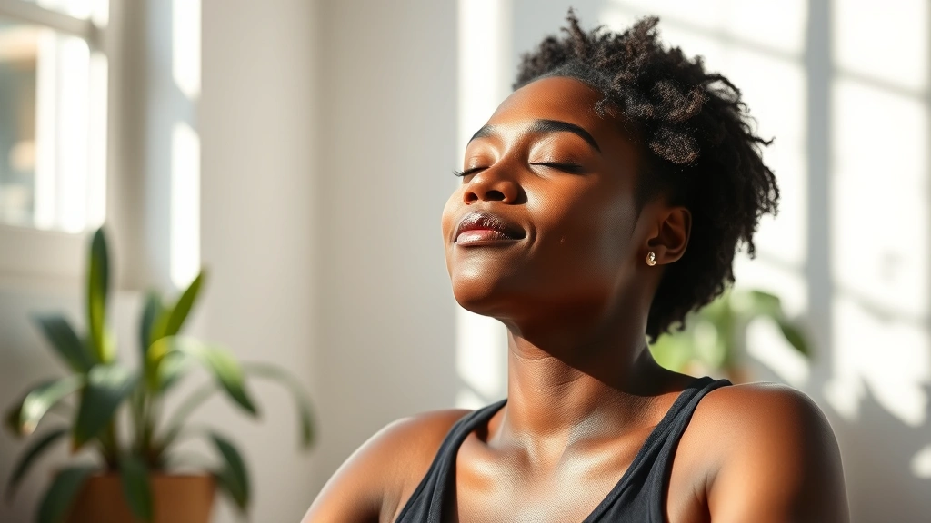 A Black woman sitting peacefully in a sunlit room, eyes closed in meditation or contemplation, with plants visible in soft focus background. Natural lighting, serene expression, representing mental clarity and inner peace.