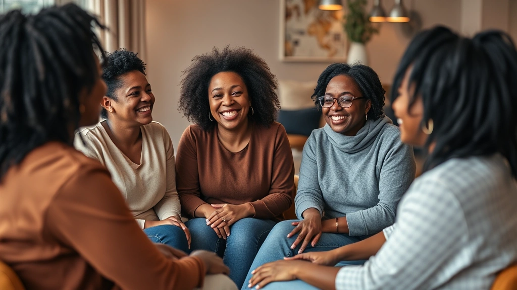 Black women in a supportive group setting, sitting in a circle having a meaningful conversation, laughing together. Warm lighting, genuine connection, representing community support and belonging.