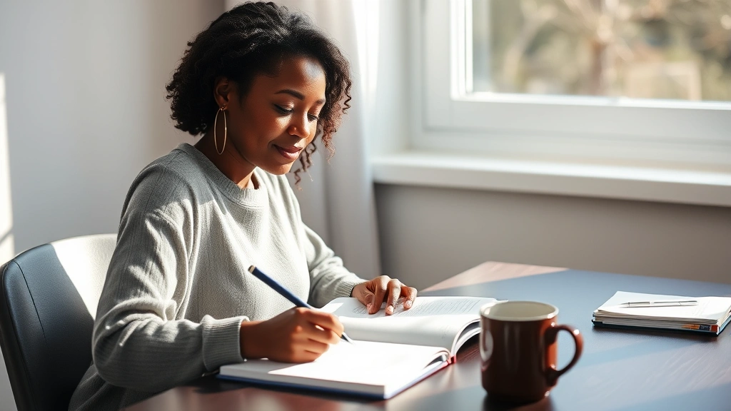 A Black woman at a desk writing in a journal or taking notes, focused and calm expression, morning light streaming through window. Coffee cup nearby, representing mindfulness, intention-setting, and focused self-care practice.