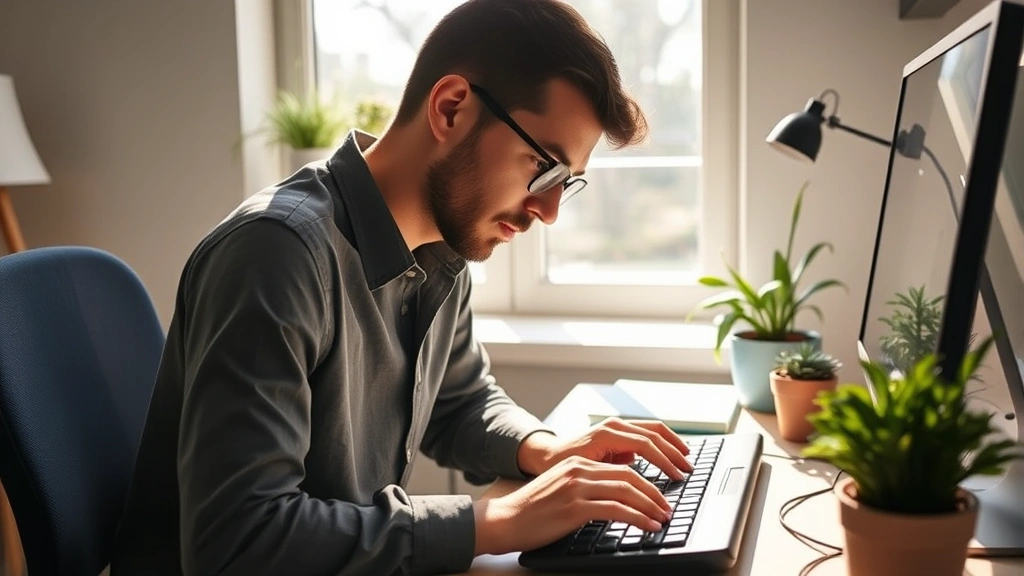 Person in deep focus at desk with natural light streaming through window, peaceful expression, hands on keyboard, minimalist workspace with plants, morning sunlight