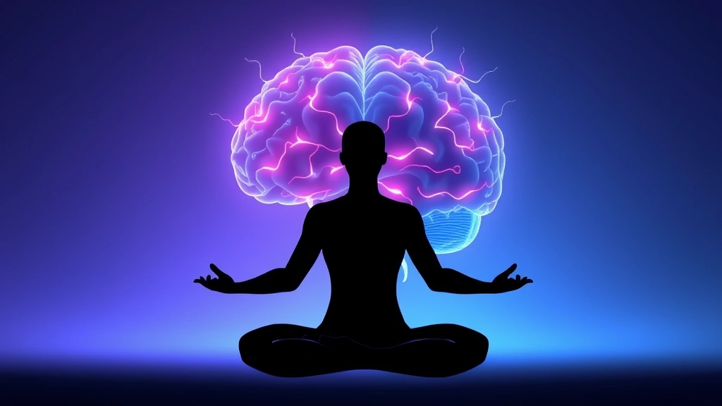 Brain visualization with glowing neural pathways, meditation posture silhouette, calm peaceful energy, soft blue and purple light, neuroscience illustration style