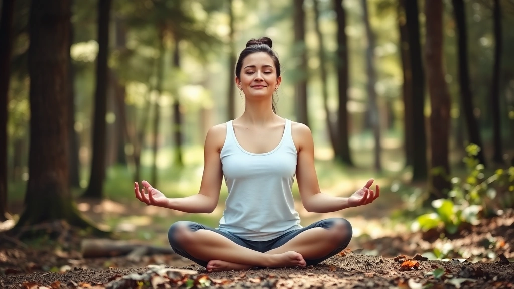 Woman meditating in nature, forest setting, serene expression, sitting peacefully, natural daylight, focused calm demeanor, wellness and mindfulness representation