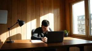 Person in deep focus at wooden desk with natural light streaming through large window, closed laptop nearby, minimal desk setup, peaceful concentration expression