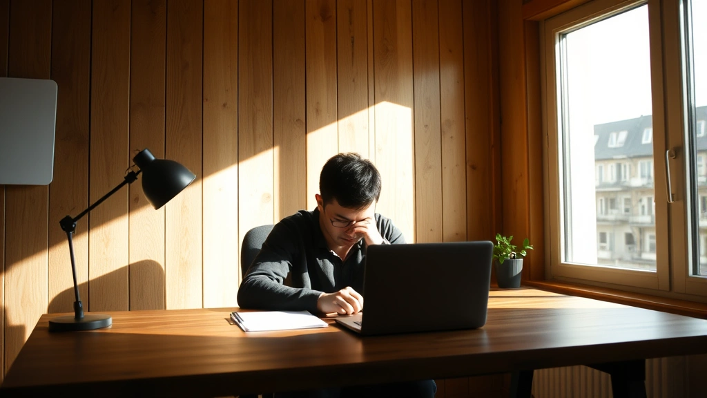 Person in deep focus at wooden desk with natural light streaming through large window, closed laptop nearby, minimal desk setup, peaceful concentration expression