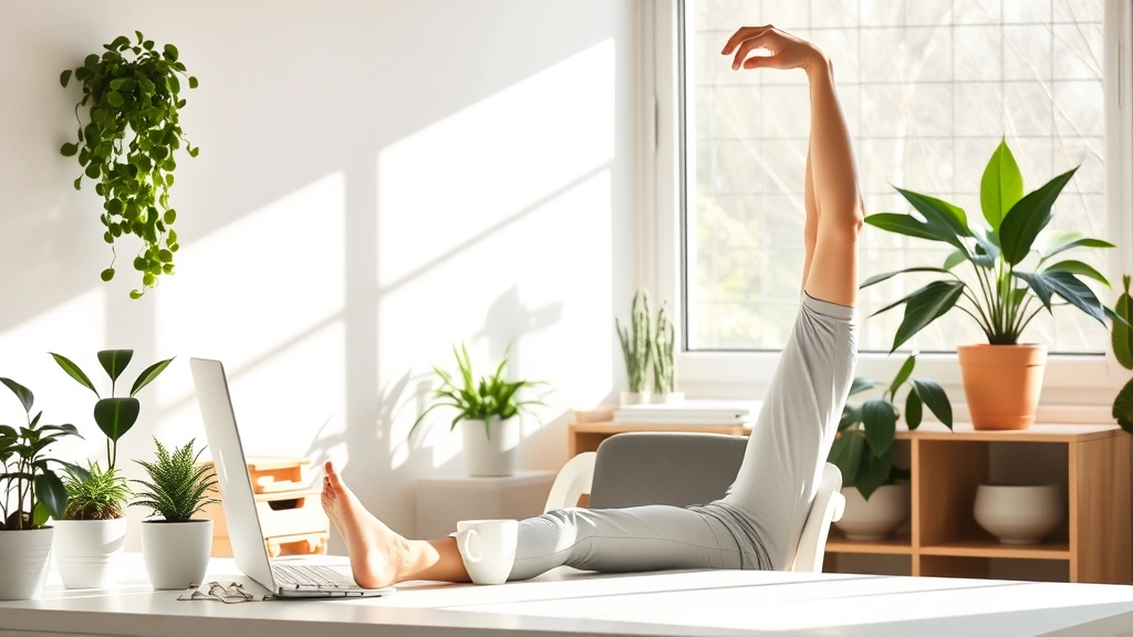 Morning sunlight illuminating workspace with green plants, organized minimal desk, person stretching with coffee cup, bright serene environment