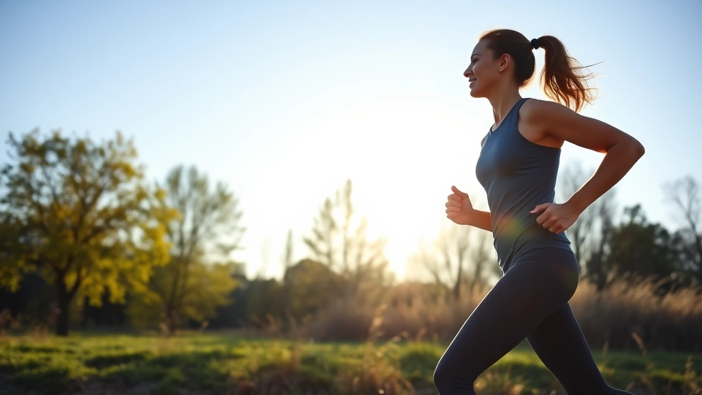 Individual doing outdoor exercise in morning light, jogging through park or nature setting, energized posture, clear blue sky, natural background