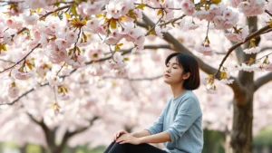 Person sitting peacefully under blooming cherry tree canopy, soft pink petals visible, natural morning light, serene expression, blurred background with pink flowers, photorealistic, calm atmosphere, no text or screens visible
