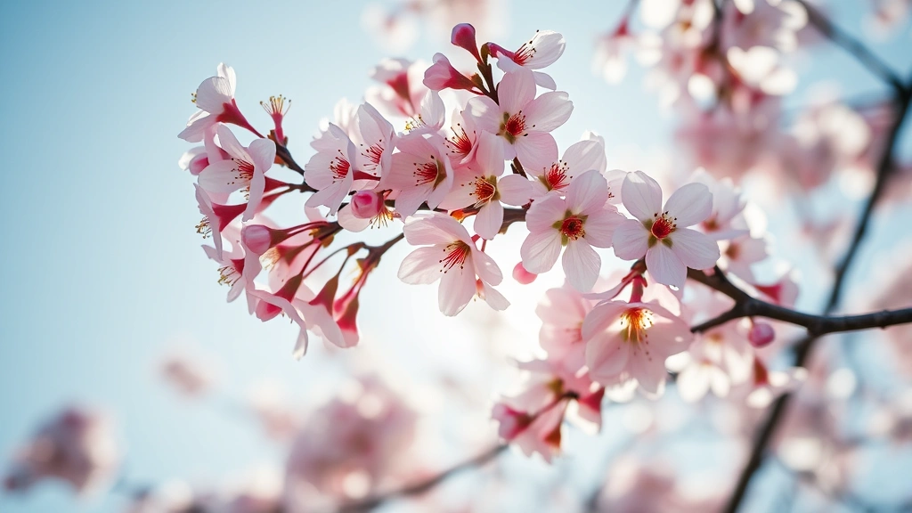 Close-up of cherry blossom branches in full bloom, delicate pink and white petals against soft blue sky, natural sunlight filtering through, detailed flower clusters, photorealistic botanical focus, peaceful composition
