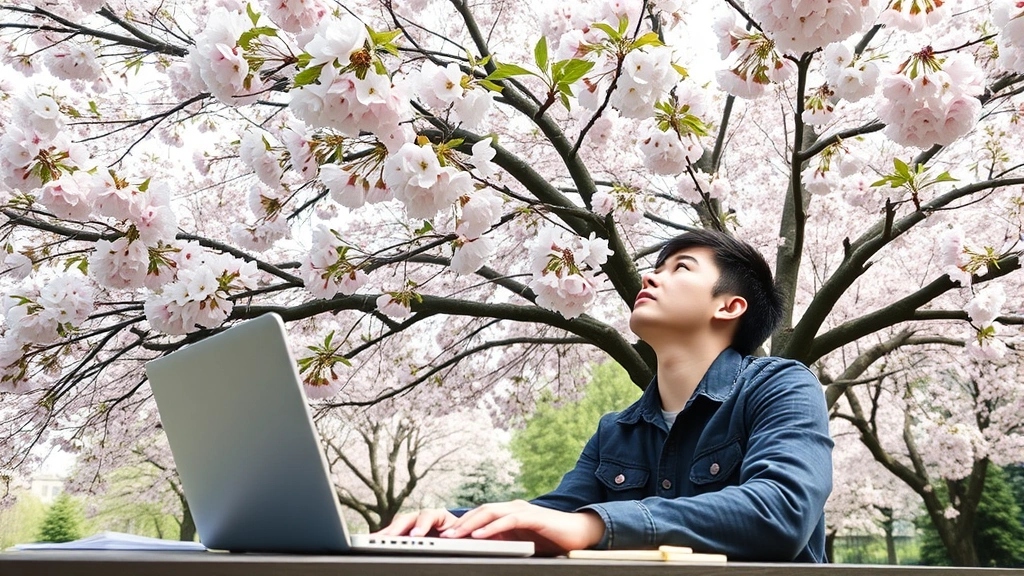 Individual in outdoor workspace beneath flowering cherry tree, laptop and notebook visible but out of focus, person gazing upward at blossoms, natural daylight, spring environment, serene productivity scene, no visible text on surfaces