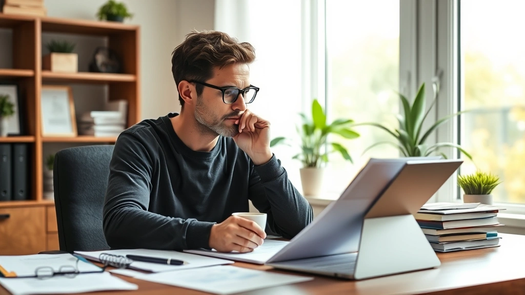 Individual reviewing healthcare documents at desk with coffee, contemplative expression, organized papers, natural daylight, peaceful home workspace