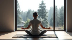 Person sitting peacefully in meditation posture by large window with natural light, serene forest landscape visible outside, photorealistic, calm focused expression, minimalist modern room