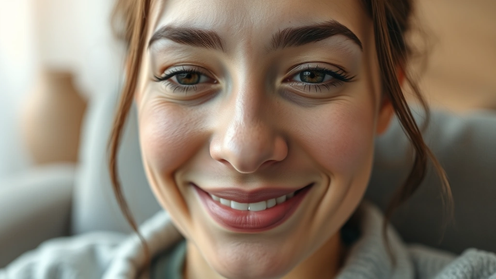 Close-up of person's face showing relief and clarity, eyes bright and focused, gentle smile, sitting in comfortable therapy or counseling room setting, soft warm lighting, authentic moment of mental clarity and peace
