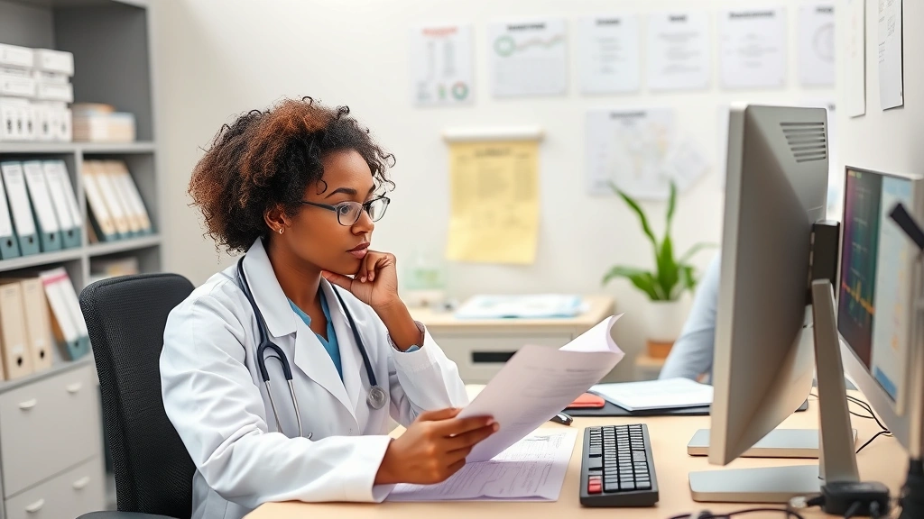 Diverse healthcare professional in white coat reviewing documents at desk with computer, thoughtful expression, organized workspace with medical charts, professional yet approachable demeanor, representing accessible healthcare navigation