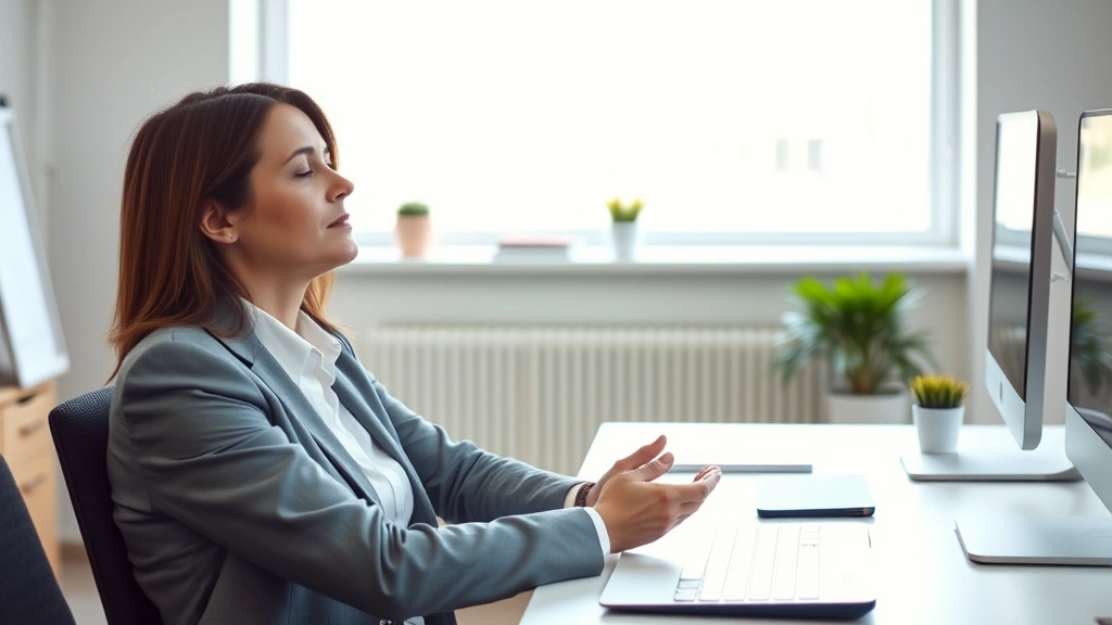 Person in professional attire sitting in bright office space looking peaceful and focused, hands relaxed on desk, natural window light, calm expression, minimalist workspace background