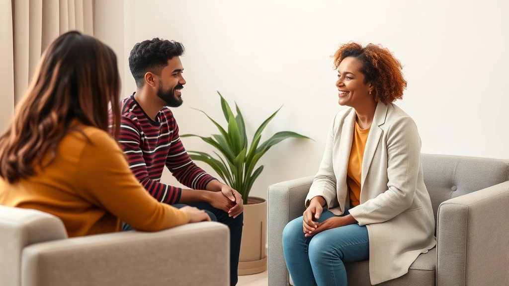 Diverse therapist and patient in comfortable counseling session, seated facing each other in neutral toned room with soft lighting, warm professional environment, genuine supportive interaction