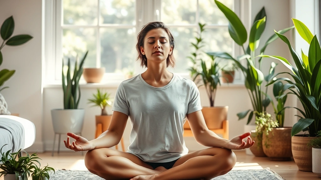 Individual meditating peacefully in modern living space, surrounded by plants and natural light, serene posture with eyes closed, embodying mental clarity and wellbeing