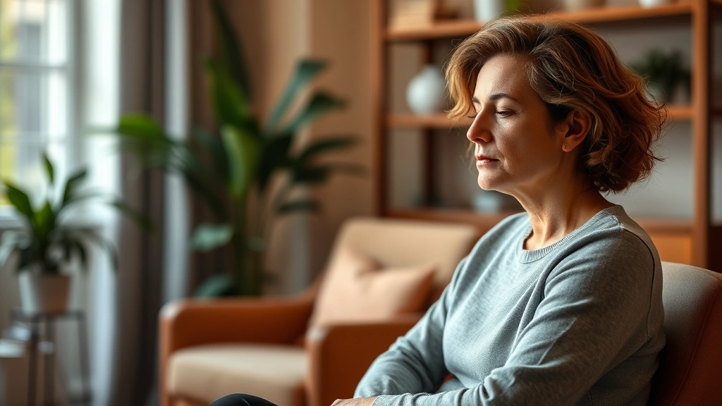 Professional therapist office with warm lighting, comfortable seating, person in deep concentration during therapy session, peaceful expression, soft focus background, natural window light