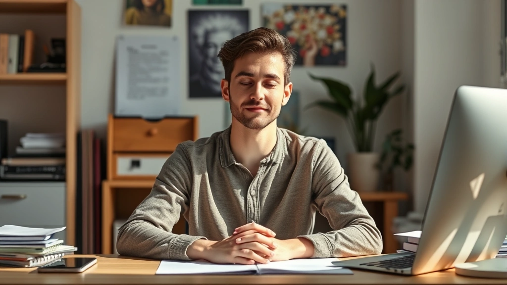 Person at desk with clear mind, peaceful expression, organized workspace, subtle glow suggesting mental clarity, hands resting on desk, calm focused demeanor, bright natural lighting